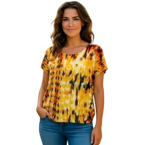 JOSEPH A Geometric Yellow Pullover Scoop Neck Short Sleeve Knit Sweater Size XL